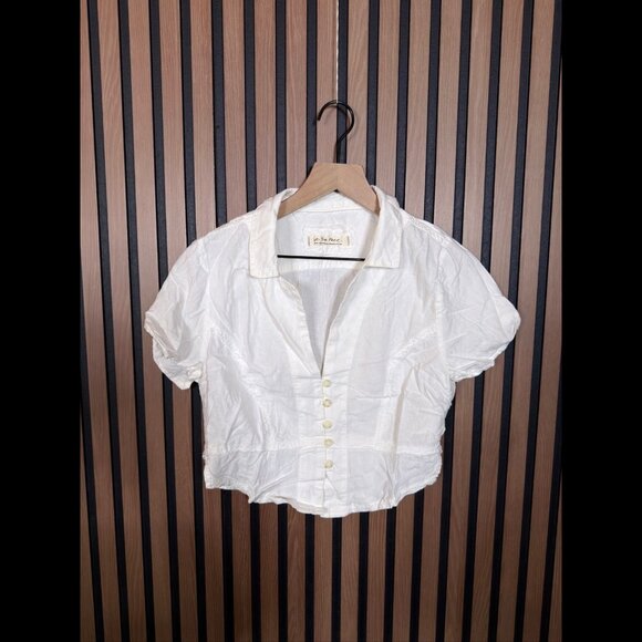 Free People Top Small Womens White Button Cropped Linen Button Front - Picture 1 of 7